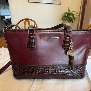 Brahmin Burgundy Leather Tote with Croc-Embossed Trim and Tassel